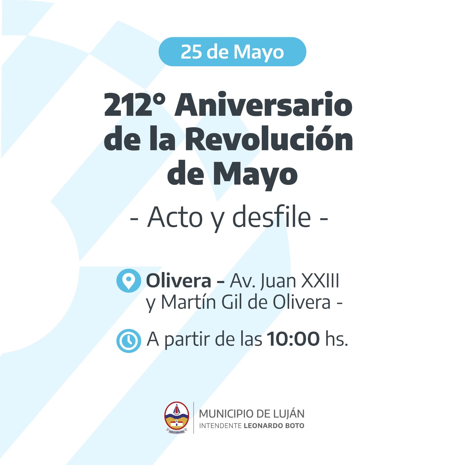El Municipio invita a participar del acto oficial por el 25 de Mayo en la localidad de Olivera